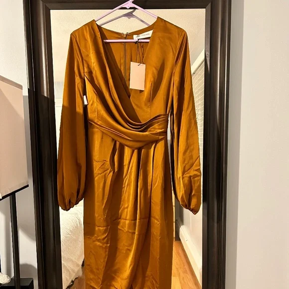 fame and partners gold dress Novie Yellow Tie Detail Satin Strapless Maxi Dress - US 0 main image 0